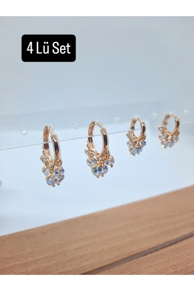 Yağmur ZİRKON TAŞLI 316 L GOLD ÇELİK KARARMAZ PASLANMAZ KÜPE 4 LÜ TAKIM PARILTILI ABİYE YENİ YIL YILBAŞI