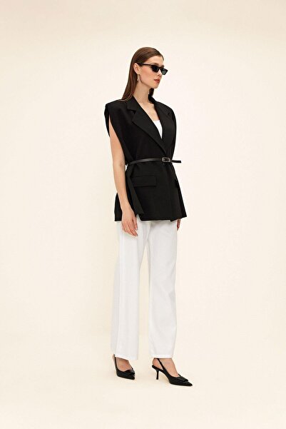 Olcay Belt Detailed Oversize Vest Black 8261