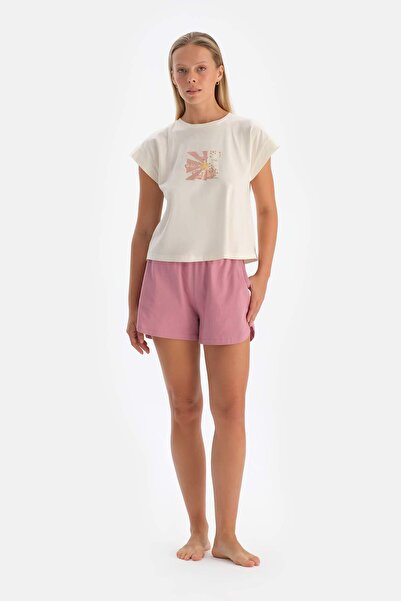 Dagi Off-White Printed T-Shirt Shorts Pajama Set