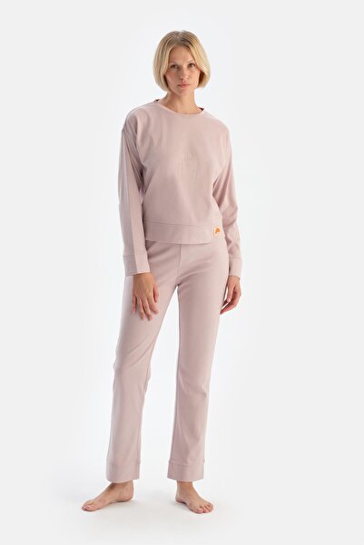 Dagi Lilac Slogan Print Detailed Long Sleeve Cotton Pajama Set