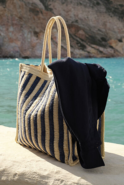 Dagi Ecru-Navy Blue Women's Stripe Patterned Straw Beach Bag