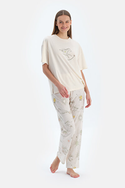 Dagi Ecru Print Detailed Short Sleeve T-Shirt Pants Pajama Set