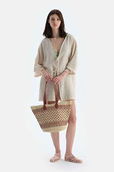 Dagi Ecru-Red Women's Quadrilateral Patterned Straw Beach Bag