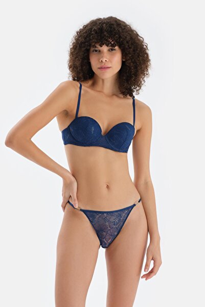 Dagi Navy Blue Accessory Detailed Lace Thong Panties