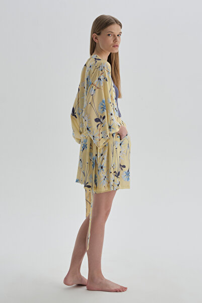 Dagi Yellow Patterned Patterned Three-Quarter Sleeve Viscose Dressing Gown