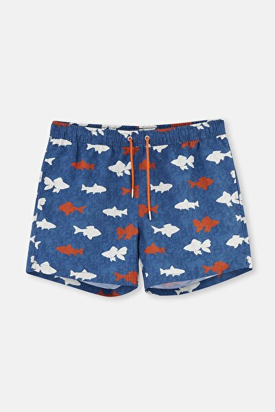 Dagi Lacivert-Kiremit Kısa Balık Desenli Deniz Şortu