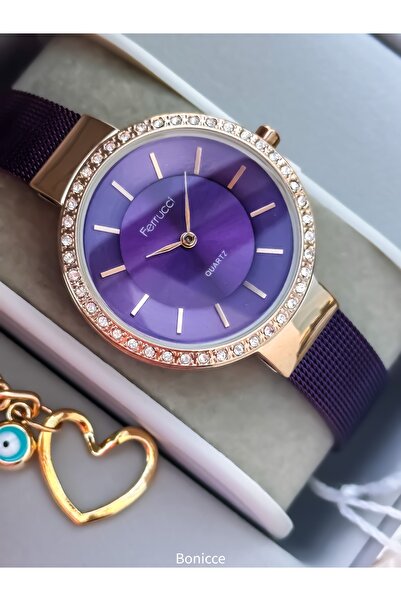 Ferrucci Marka Çelik Kordon, Taşlı Şık Kadran,Su Geçirmez, Mor Renk Kadın Kol Saati+Bileklik