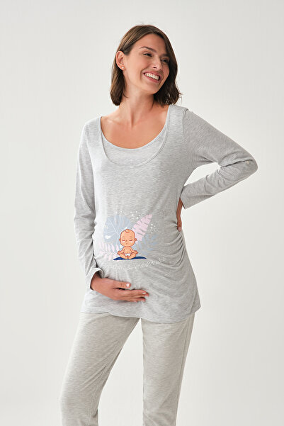 Dagi Gray Melange Wide Collar Long Sleeve Maternity T-Shirt