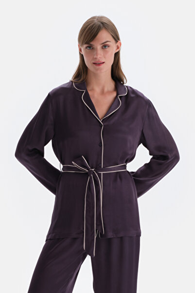 Dagi Top de pijama din satin detaliat cu guler cămașă violet