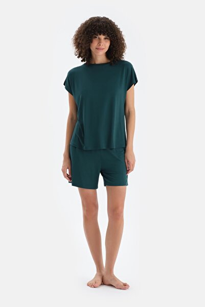 Dagi Dark Green Off Shoulder Short Sleeve Viscose T-Shirt Shorts Pajama Set