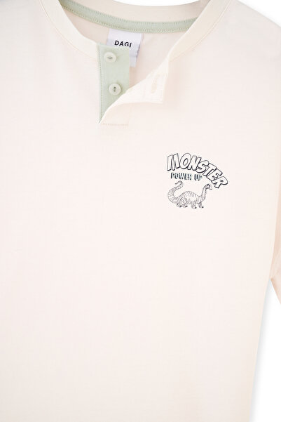 Dagi Ecru Short Sleeve Knitted Pajama Set with Print Detail