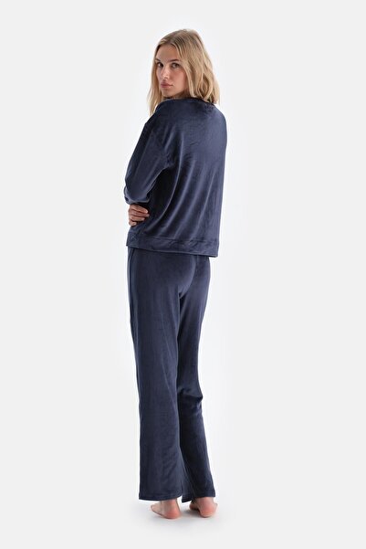Dagi Navy Blue Crew Neck Long Sleeve Velvet Pajama Set