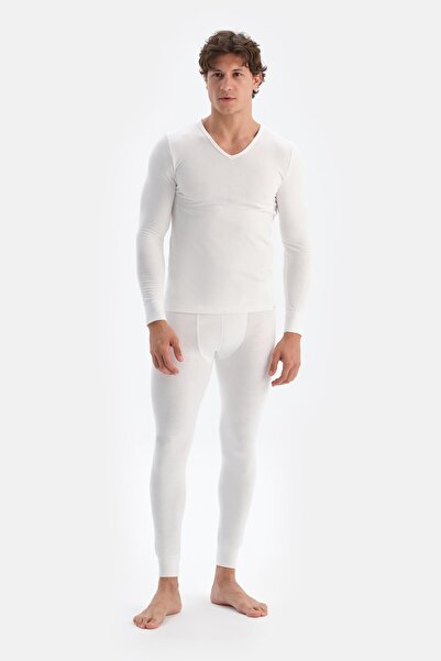 Dagi Ecru V-Neck Long Sleeve Men's Thermal Underwear Single Top
