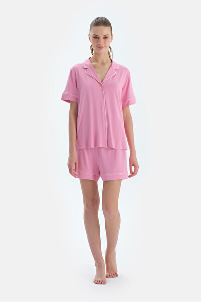 Dagi Pembe Biye Ve Nakış Detaylı Viskon Gömlek Şort Pijama Takımı