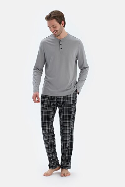Dagi Gray Long Sleeve Placket Detailed T-Shirt Plaid Pants Pajamas Set