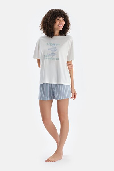 Dagi Off White Print Λεπτομερές κοντομάνικο T-Shirt Σορτς Σετ πιτζάμες