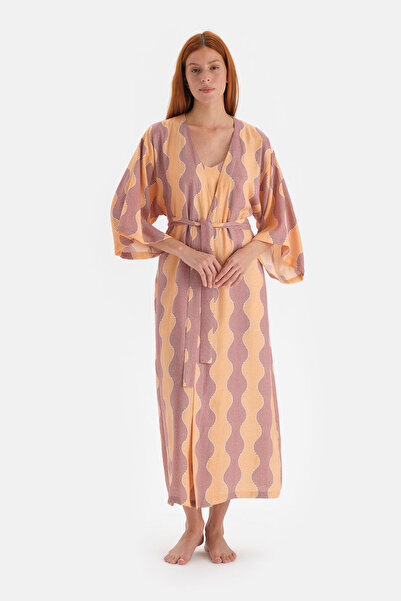 Dagi Sarı Desenli Simli Saten Sabahlık