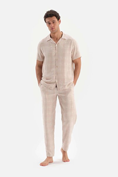 Dagi Beige Shirt Collar Plaid Woven Pajama Set