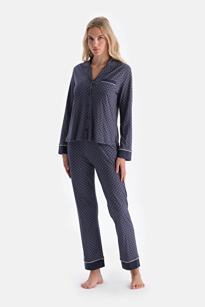 Dagi Σετ πιτζάμες παντελόνι πουκάμισο με χτενισμένο βαμβακερό μπλε γεωμετρικό...