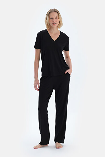 Dagi Black V-Neck Short Sleeve Viscose T-Shirt Pants Pajama Set