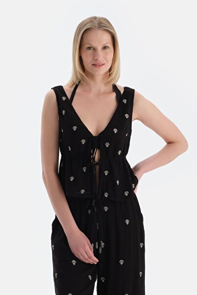 Dagi Black Sleeveless Front Tie Top