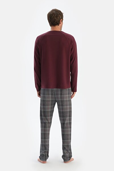 Dagi Plaid Patterned Claret Red Pajama Set - Crew Neck and Raglan Sleeve