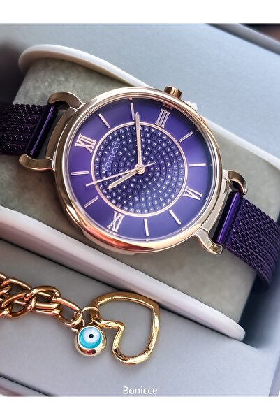 Ferrucci سوار ساعة يد نسائي مقاوم للماء بحزام فولاذي بلون أرجواني ومينا أرجوا...