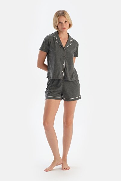 Dagi Anthracite Melange Basic πουκάμισο και σορτς πιτζάμα - Λεπτομέρεια Piping