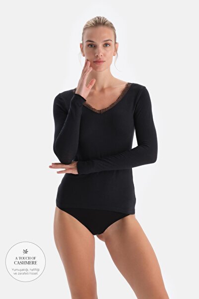 Dagi Black Modal Cashmere Lace Detailed V-Neck Long Sleeve Blouse