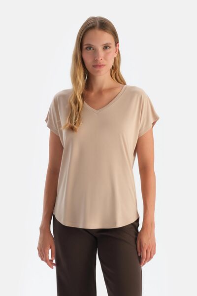 Dagi Tricou cupro bej cu decolteu în V