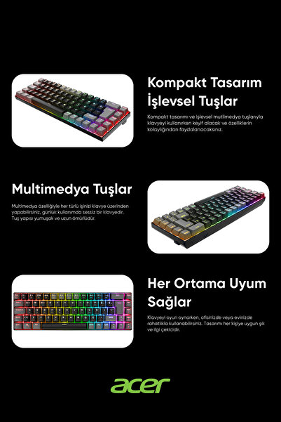 ACER eMachines EAK68 PLUS Kablosuz Bluetooth + 2.4Ghz Mekanik Klavye RGB Red 68 Tuşlu Oyuncu Klavyesi Syh