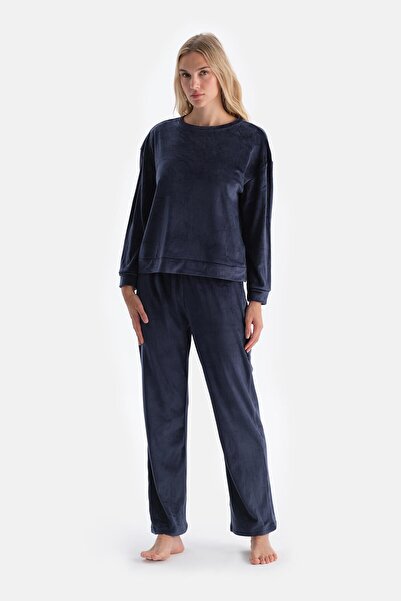 Dagi Navy Blue Crew Neck Long Sleeve Velvet Pajama Set