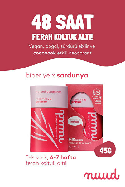 Nuud Stick 45g Doğal Deodorant, Ter Kokusu Önleyici (7 HAFTA), Vegan, Biberiye Sardunya Kokulu(PARFÜMSÜZ)