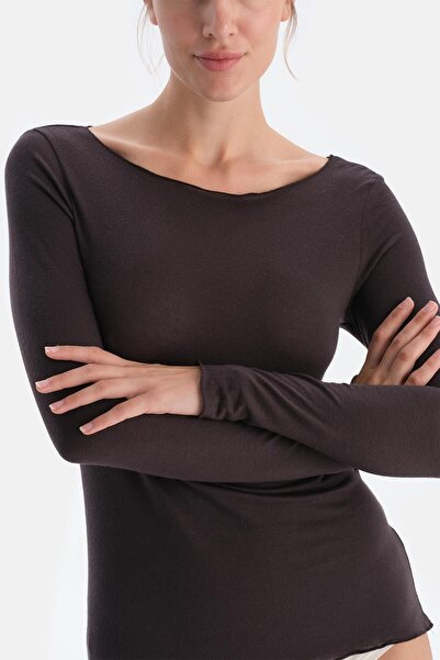 Dagi Dark Brown Modal Cashmere Boat Neck Long Sleeve Top