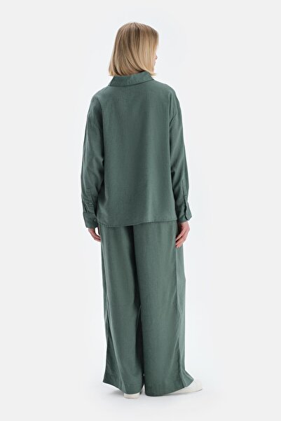 Dagi Green Long Sleeve Linen Lyocell Blend Woven Shirt