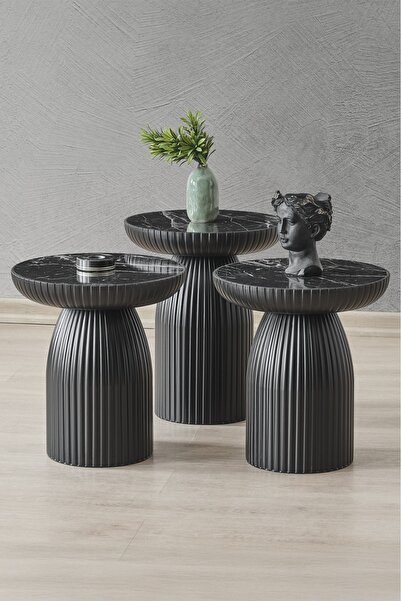 ALTINAKS MOBİLYA Diamond 3'lü Sehpa,Yan Sehpa,Zigon Sehpa - Siyah & Siyah Mer...