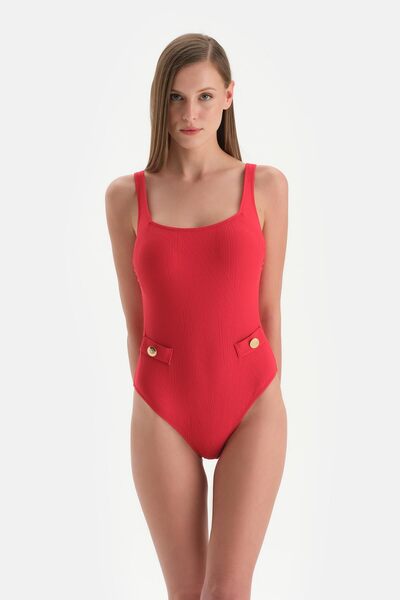 Dagi ملابس السباحة ذات الياقة المربعة الحمراء