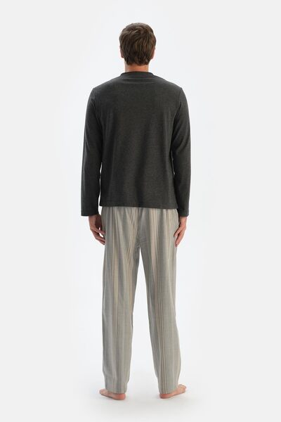 Dagi Anthracite Melange Striped Trousers Placket Pocket Pajama Set
