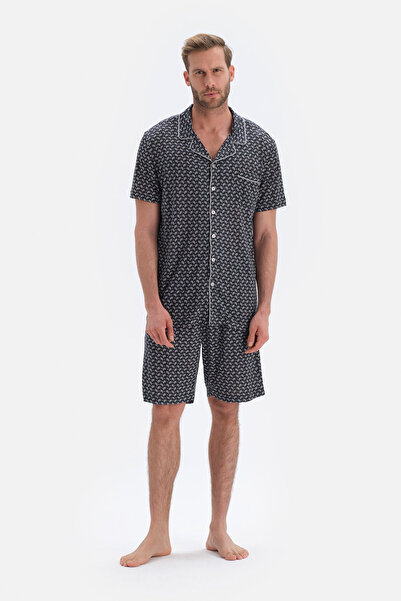Dagi Black Pajama Set with Pajamas Patterned Modal Groom Shorts
