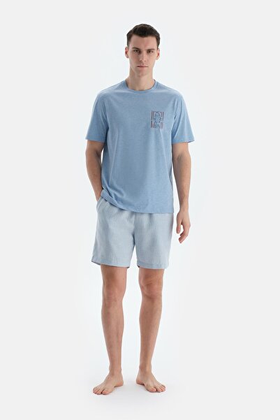 Dagi Blue Melange Print Detailed Short Sleeve T-Shirt Shorts Pajama Set