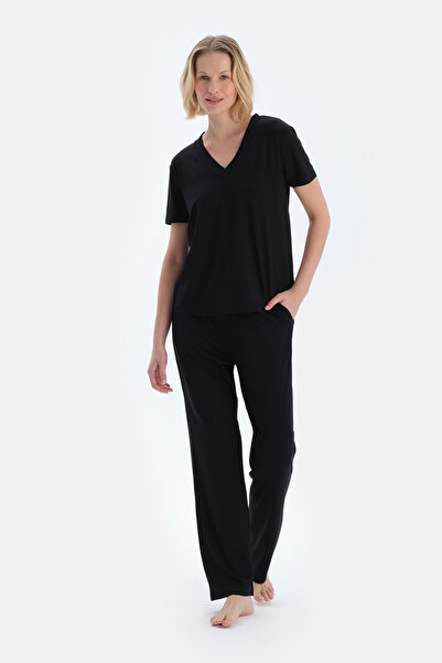 Dagi Black V-Neck Short Sleeve Viscose T-Shirt Pants Pajama Set
