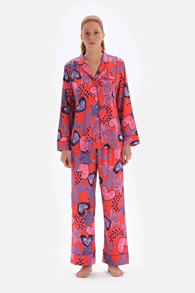 Dagi Top de pijama din satin cu guler de cămașă cu model de flori de rodie