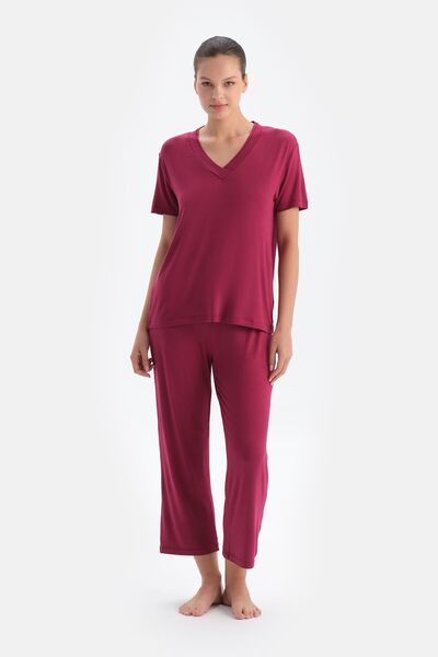 Dagi Σετ γυναικεία πιτζάμες με λαιμόκοψη σε μπορντό χρώμα