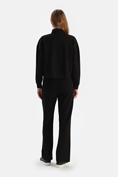 Dagi Black Wide Leg Ribbed Basic Modal Trousers