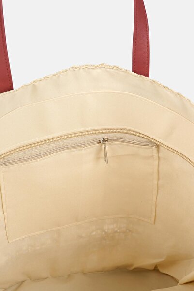 Dagi Ecru-Red Women's Quadrilateral Patterned Straw Beach Bag