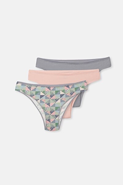 Dagi Chiloți brasilieni cu model în 3 piese pentru femei, gri-roz moale