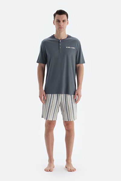 Dagi Indigo Pat and Fleto Pocket Detailed T-Shirt Shorts Pajama Set