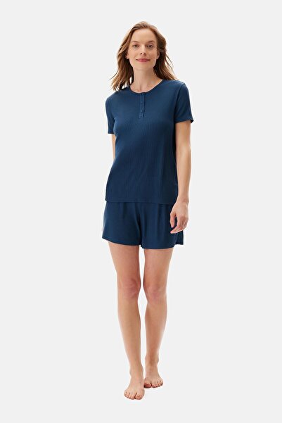Dagi Indigo Viscose Pajama Set - Half Placket T-Shirt and Shorts