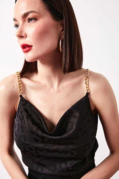 Sateen Satin Chain Strap Blouse - BLACK