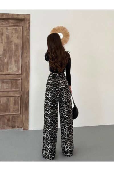 BİKELİFE Női leopárd szövet Lycra Palazzo bő, széles szárú nadrág